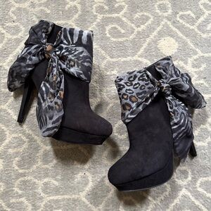 Wild Rose, Gorgeous Black Suede Ankle Boots with Animal Print Bow